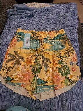 Shore Tropical Hawaiian Linen Blend Shorts Yellow Floral Beach XS Drawstring